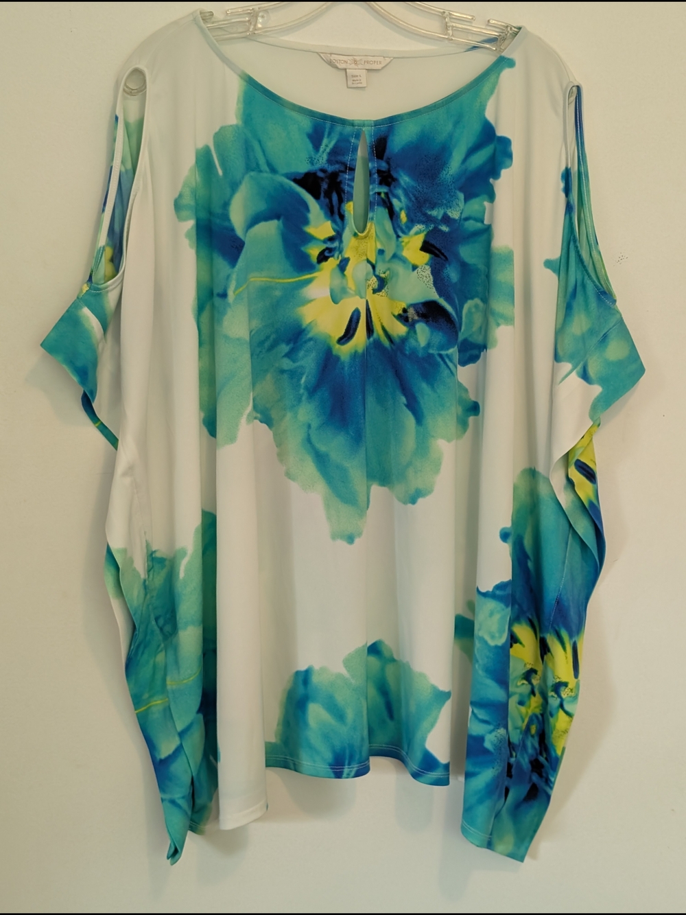Boston Proper White Tunic with Teal, Blue & Yellow Floral Print